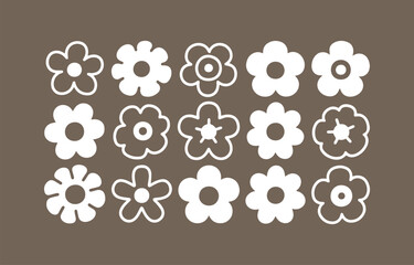 Poster - Collection of fifteen simple white flowers on brown background retro style floral design elements