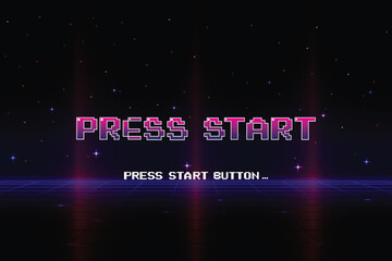 Aufkleber - PRESS START. pixel art .8 bit game. retro game. for game assets. Retro Futurism Sci-Fi Background. glowing neon grid and stars from vintage arcade computer games