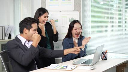 Aufkleber - Business team members celebrating corporate victory, sharing enthusiastic moments of achievement and teamwork in contemporary professional workspace with visible excitement and unity