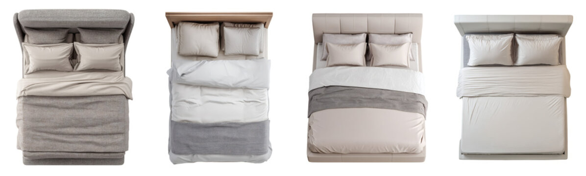 Realistic Comfortable Bed Top View PNG set Transparent background