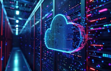 Poster - Digital data center corridor with a pixelated glowing cloud icon and vibrant server lights, ideal for cloud infrastructure, futuristic technology, and cybersecurity concepts