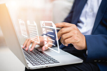 Poster - Businessman Using Laptop to Review and Approve Digital Documents Online