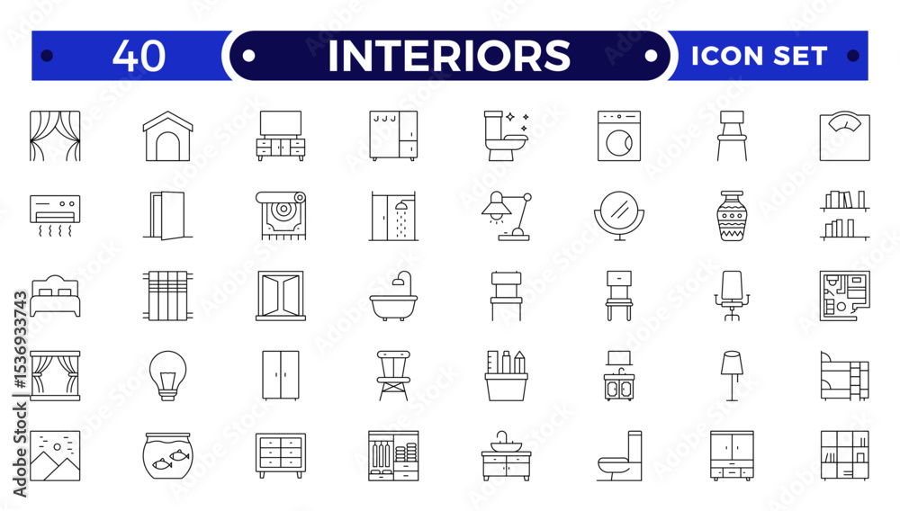 Interior and furniture Outline icon set. Thin line editable stroke ...