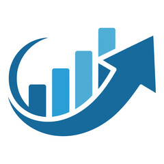 Poster - Blue arrow points upward around a rising bar graph isolated on white