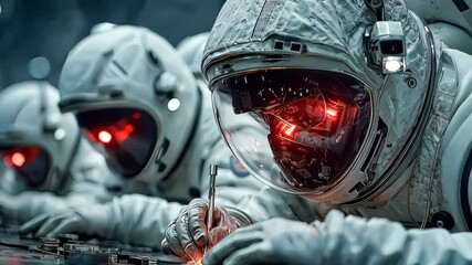 Poster - Scientists in protective suits performing precision work on complex electronics in a futuristic lab