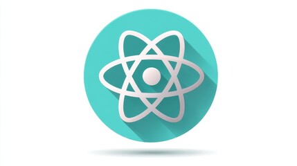 Poster - Iconic representation of an atom in a circular design, symbolizing science and technology, with a modern turquoise background.
