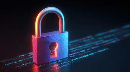 Poster - A digital padlock symbolizes cybersecurity, set against a backdrop of coded text, representing data protection and privacy.