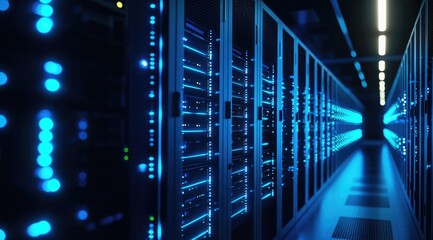 Poster - Futuristic data center corridor with glowing blue server racks and overhead lighting, ideal for cloud computing, data processing, cybersecurity, and digital infrastructure themes