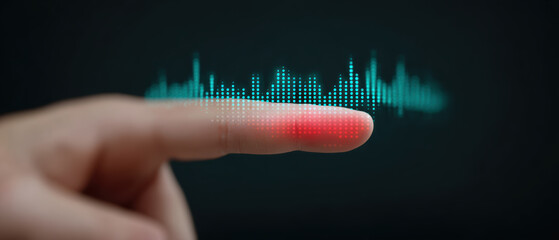 Poster - Finger touching digital sound wave, glowing with red light, symbolizes technology interaction