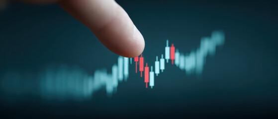 Poster - Finger points at digital stock market chart with candlestick patterns, indicating financial analysis