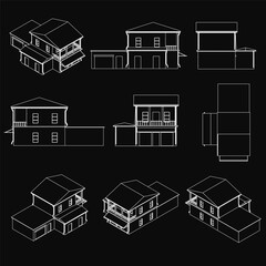Fototapete - Detailed house blueprints on a black background, showcasing front elevations of different architectural styles. The set includes modern, traditional, and cottage designs with clean lines and.