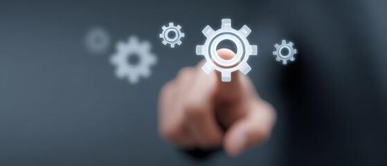 Poster - Hand interacts with floating digital gears, symbolizing technology and innovation