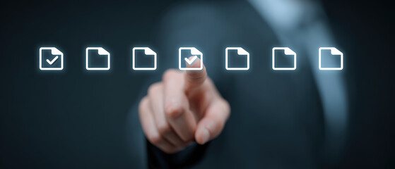 Poster - Digital document selection with glowing checkmark icon, representing technology and business efficiency