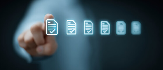 Poster - Person interacts with digital document icons, symbolizing modern technology and data management