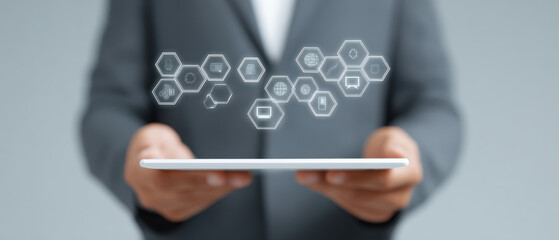 Poster - Person holding tablet with floating digital icons representing technology and communication