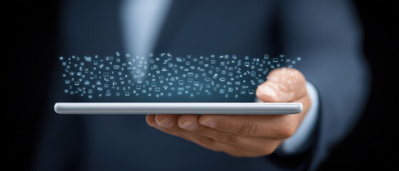 Poster - Person in suit holds tablet with digital icons floating above it, symbolizing technology and communication