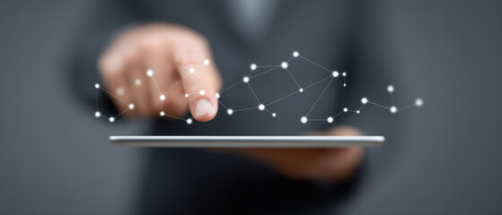 Poster - Person interacts with digital network interface on tablet, symbolizing connectivity and technology