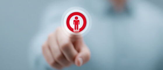 Poster - Person is pointing at digital icon of human figure on transparent screen, symbolizing technology interaction