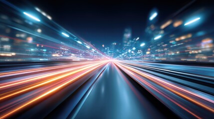 Aufkleber - Dynamic cityscape with vibrant light trails, conveying motion and speed, set against a nighttime backdrop of urban skyscrapers.