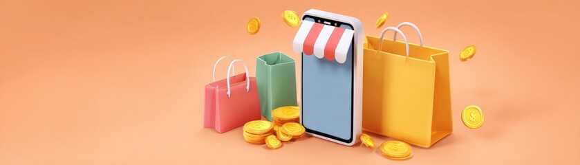 Poster - Shopping bags and a smartphone with coins on a bright background, representing online shopping and commerce.