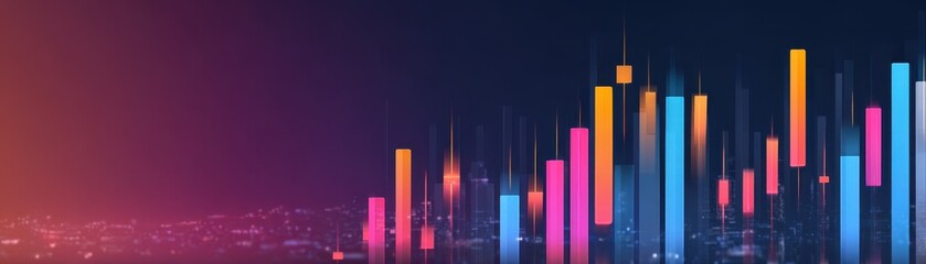 Aufkleber - Abstract city skyline with vibrant colored bars representing data visualization against a dark background.