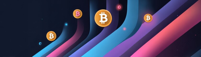 Poster - Abstract digital design featuring Bitcoin icons and colorful flowing lines, representing cryptocurrency trends and innovation.