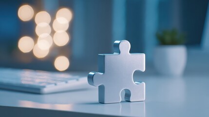 Poster - A metallic puzzle piece sits on a desk, symbolizing problem-solving and creativity, with a blurred background of lights and a small plant.
