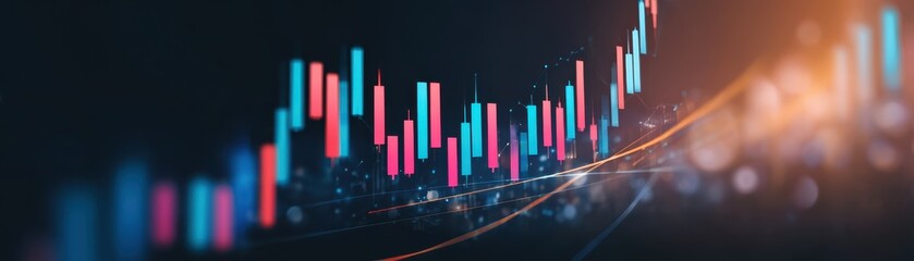 Aufkleber - Abstract financial graph depicting market trends with colorful candlestick patterns and dynamic light effects.