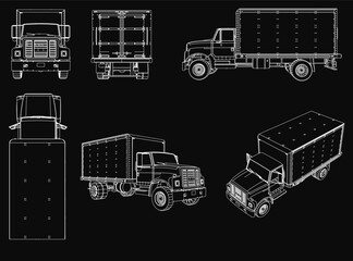 Fototapete - Trucks with detailed blueprints displayed on a black background, arranged in a neat row. Each truck features unique designs, visible headlights, grilles, and wheels.