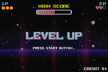 Aufkleber - LEVEL UP. pixel art .8-bit game. Retro Futurism Sci-Fi Background. glowing neon grid. and stars from vintage arcade computer games	