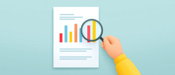 Poster - Hand holding magnifying glass examines colorful bar chart on document, symbolizing data analysis