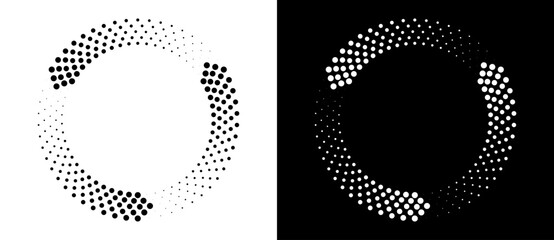 Poster - Circle abstract background with dynamic halftone dots like arrows. Black shape on a white background and the same white shape on the black side.