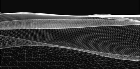 Poster - Black and white abstract background with wavy lines resembling snow-covered landscapes. The graphical effect creates a dynamic, flowing pattern with high contrast.