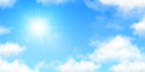sun in blue sky with white clouds. bright glowing realistic sunlight shining and fluffy clouds on bl