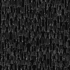 Poster - Black and white silhouettes of people form a seamless pattern on a dark background, creating a striking texture. The repeating human contours blend smoothly, ideal for design projects.