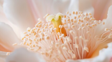 Poster - Close-up of a delicate flower showing intricate details of its stamen and petals in a softly lit environment
