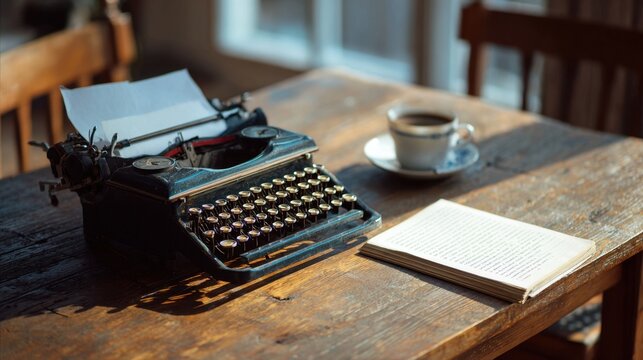 An old typewriter with a cup of coffee and a book sitting on a rustic wooden desk by a window Vintage writer's tools