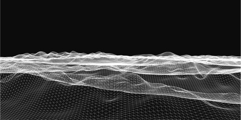 Poster - Abstract black and white wave pattern with flowing lines and scattered dots, resembling a snowy landscape. The monochrome design creates a dynamic, textured effect, perfect for modern backgrounds.