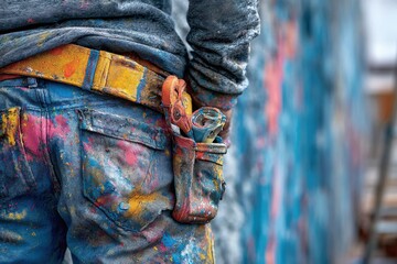 Poster - The back view of an artist with paint-splattered jeans, a colorful belt, and tools, showcasing creative energy and dedication to their craft in an art studio.