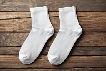 Poster - A pair of pristine white cotton socks neatly arranged on a rustic wooden surface, showcasing simplicity and comfort, perfect for everyday wear and style.