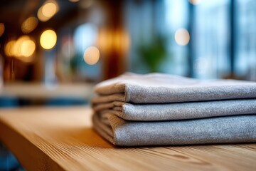 Poster - A neatly folded stack of soft grey sweaters on a rustic wooden table, creating a cozy and inviting atmosphere with blurred background, perfect for lifestyle concept.