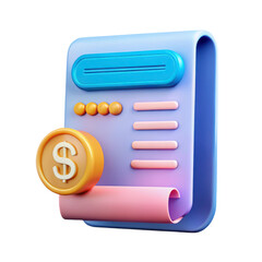 Poster - 3D rendering icon of a pastel purple and blue document with a gold dollar coin and pink scroll isolated on a transparent background