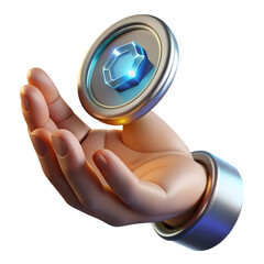Poster - 3D rendering icon of a stylized hand gently holding a metallic disc featuring a glowing blue hexagonal gem isolated on a transparent background