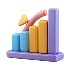 Poster - Colorful 3D Rendered Bar Graph Icon Showing Decreasing Trend with Pastel Orange Yellow and Blue Bars and Pink Arrow isolated on a transparent background