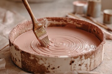 Poster - A close-up studio shot capturing the textured strokes of a paintbrush immersed in a circular container filled with a soft, pastel pink paint, highlighting the creative process
