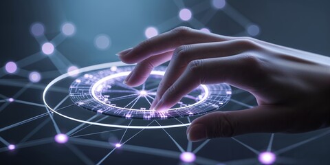 Fototapete - Futuristic hand interacting with a holographic display in a high-tech environment