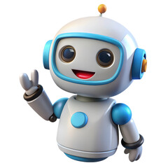 Poster - Friendly White and Blue Robot Character 3D Rendering Icon Waving Two Fingers Peace Sign Gesture isolated on a transparent background