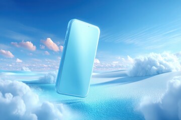 Poster - A minimalist and artistic smartphone floating above dreamy sky landscape, with clouds, and water, evoking a sense of freedom and imagination.