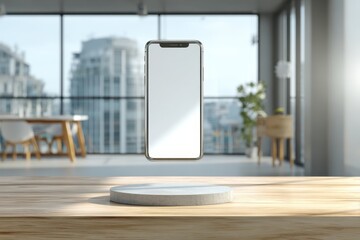 Aufkleber - A modern smartphone with a blank screen floating above a wooden table, set in a contemporary office space with a large window overlooking the city.