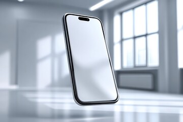 Poster - Elegant smartphone with a blank white screen floats gracefully indoors, offering a modern and clean design for application and website mockups and design presentation.